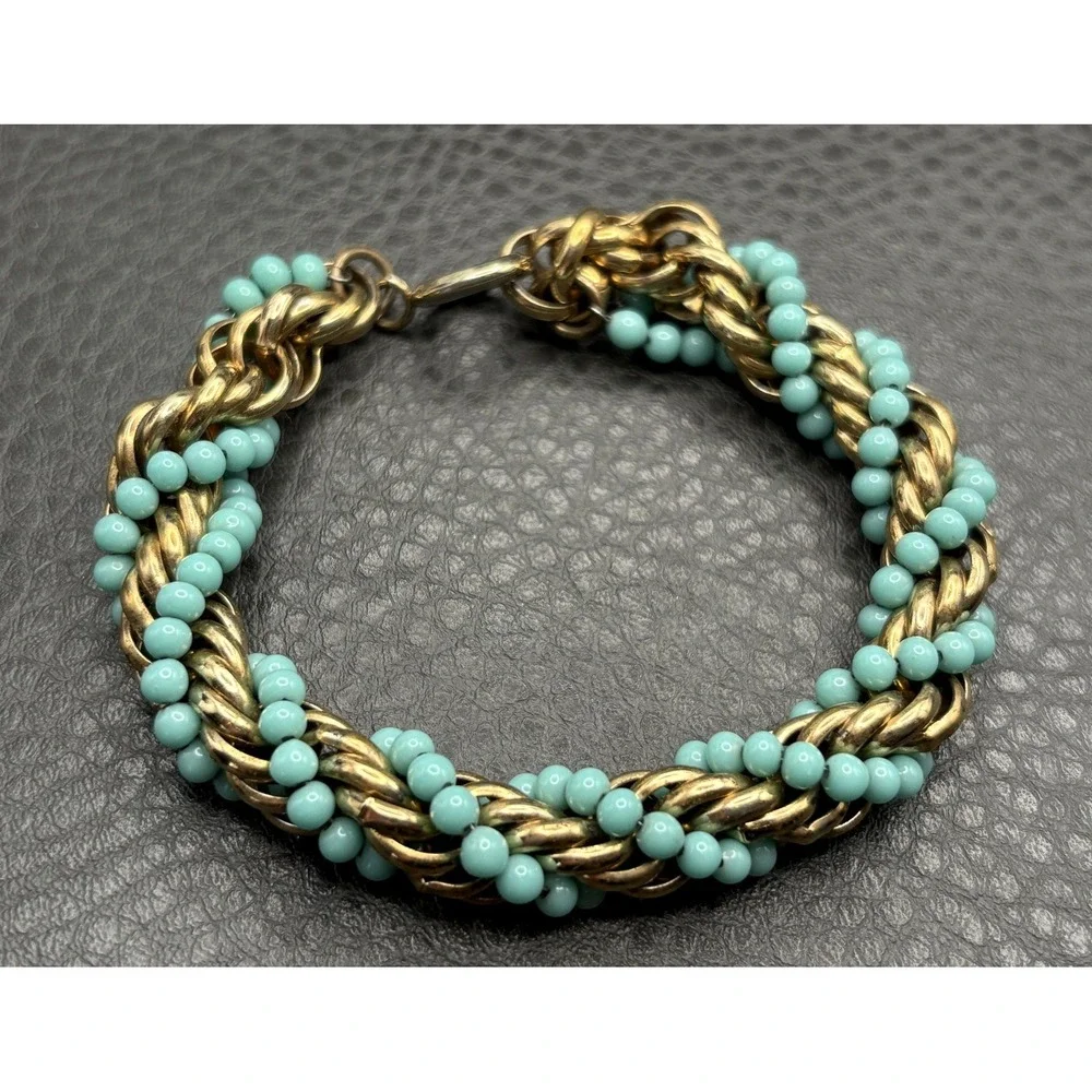 Vintage Faux Turquoise Blue Beads Thick Wide Rope Chain Bracelet Twisted 8.5
